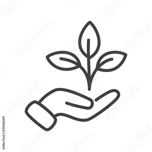 Outline sprout on palm hand icon isolated flat style design.
