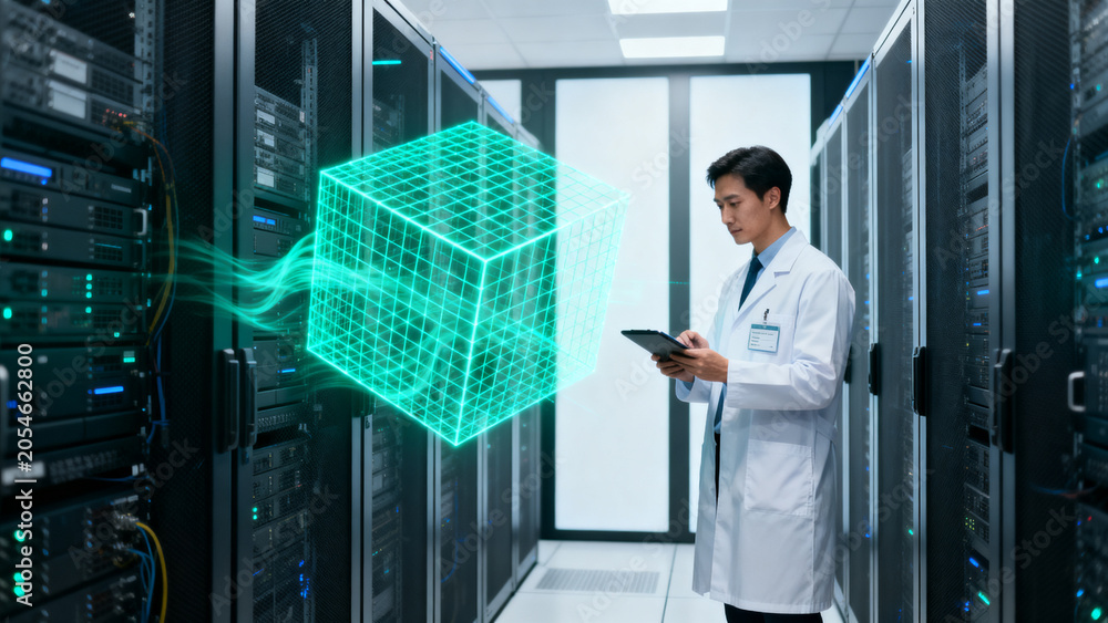 Fototapeta premium Digital Data Visualization in Server Room: A scientist in a lab coat inspects a holographic digital cube with flowing data streams within a modern server room.