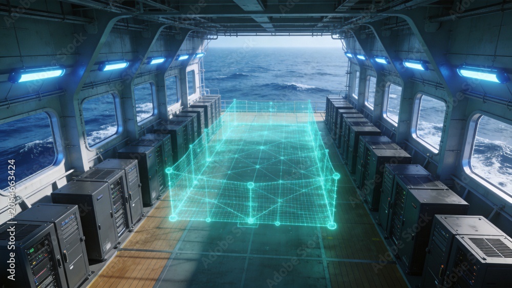 Obraz premium Server Room on a Ship: A futuristic server room housed within a ship, featuring rows of black server racks and holographic digital network projections against the backdrop of the ocean.
