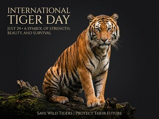 Artistic composition for International Tiger Day with a majestic tiger in the center of attention, high-quality, clear, and detailed photo,