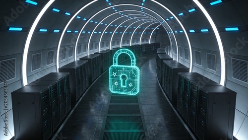 Digital Fortress: A glowing padlock icon illuminates a futuristic data center corridor, symbolizing advanced cybersecurity and digital protection.