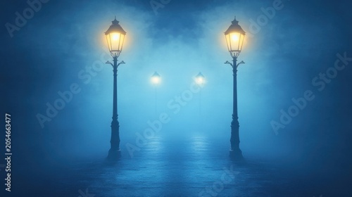 Foggy night street scene with antique gas lamps