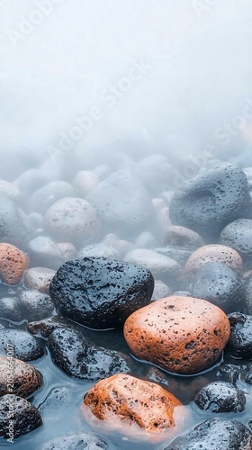 Smooth wet black and orange stone close-up in clear water with mist and soft natural light