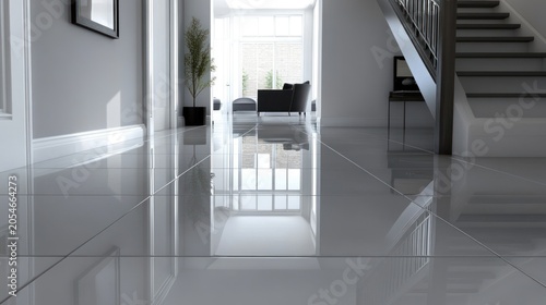 Modern hallway with glossy tile floor.  Spacious entryway leading to living area with natural light