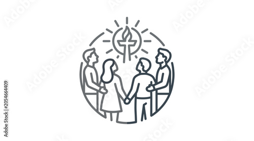 Community holding hands around religious cross symbol line art.