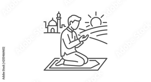 Muslim man praying on rug outdoors with mosque background.