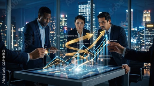 Diverse business team analyzing holographic financial charts showing market growth, revenue projection