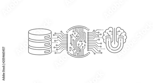 Data Processing to Artificial Intelligence: Database, Circuit Board, and Brain Icon