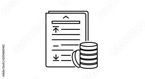 Database Management Concept: Stack of Coins Next to Document with Sorting Arrows
