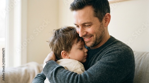 Father embracing young son on sofa indoors. Father holding child in an embrace on a couch at home