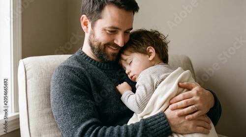 Father holding sleeping toddler in armchair. Father holding sleeping toddler wrapped in a blanket while sitting