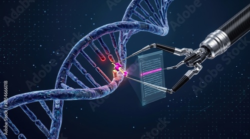 Futuristic robotic arm performing genetic engineering on DNA double helix structure, CRISPR gene editing technology, biotechnology research, medical innovation and science concept