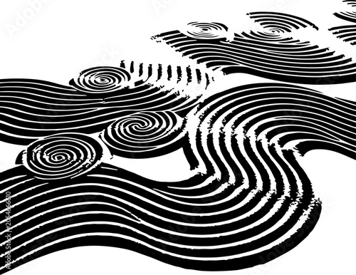 Black and white abstract wave pattern, wavy lines, spiral shapes, modern design element, vector graphics