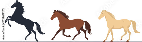 Obraz na płótnie Running Horse Silhouette and Galloping Horse Collection Featuring Black Brown an