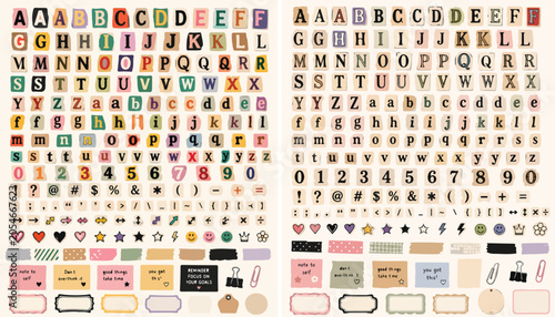 Schilderij op canvas Vintage ransom note alphabet vector set, colorful cutout letters and numbers col