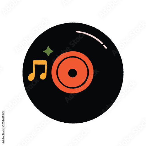 Vinyl Record Icon with Orange Label Music Note and Sparkle for Retro Audio Design
