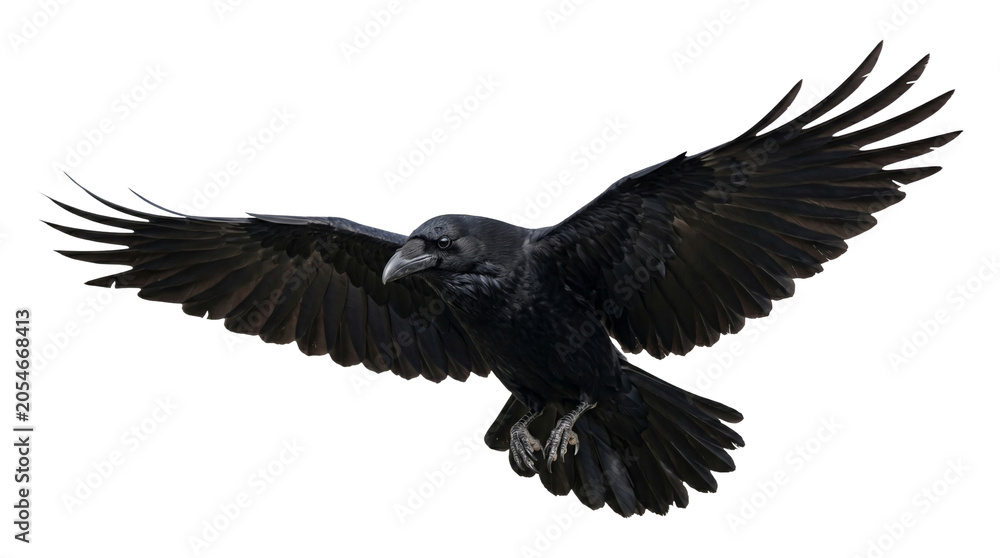 Naklejka premium Large black raven bird flying with wings spread wide on transparent background isolated png.