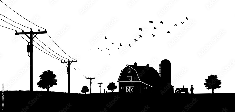 Obraz premium Rural landscape silhouette, farm house, power lines, trees, countryside vector