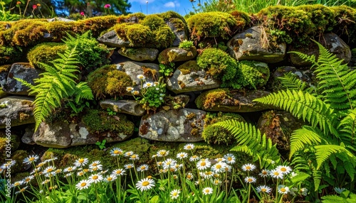 Mossy stone wall with ferns flowers.
