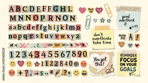 Schilderij op canvas Vintage ransom note alphabet set, colorful newspaper cutout letters and numbers