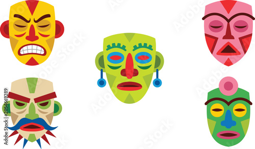 Fotografie Tribal mask vector icon set featuring colorful tiki ritual masks aztec maya ethn