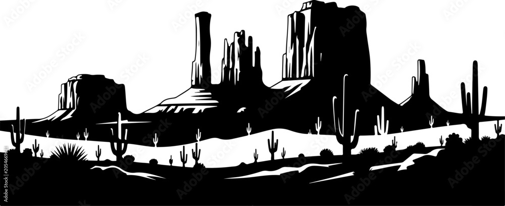 Obraz premium Desert landscape, black silhouette, cactus icons, vector west