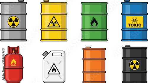 Hazardous waste barrel vector icon set featuring toxic chemical drums radioactive barrels flammable gas cylinders and fuel jerrycans isolated on white background
