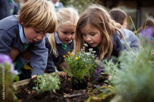 Children planting bee-friendly flowers in school garden, joyful candid moment