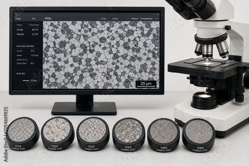 Microscope workstation displaying ferrite and pearlite grain analysis with labeled carbon steel samples for materials science research.
