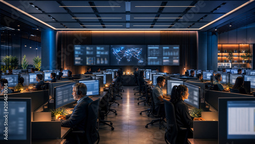 Futuristic command center with headset operators, multiple monitors, global network display, and blue orange office lighting.