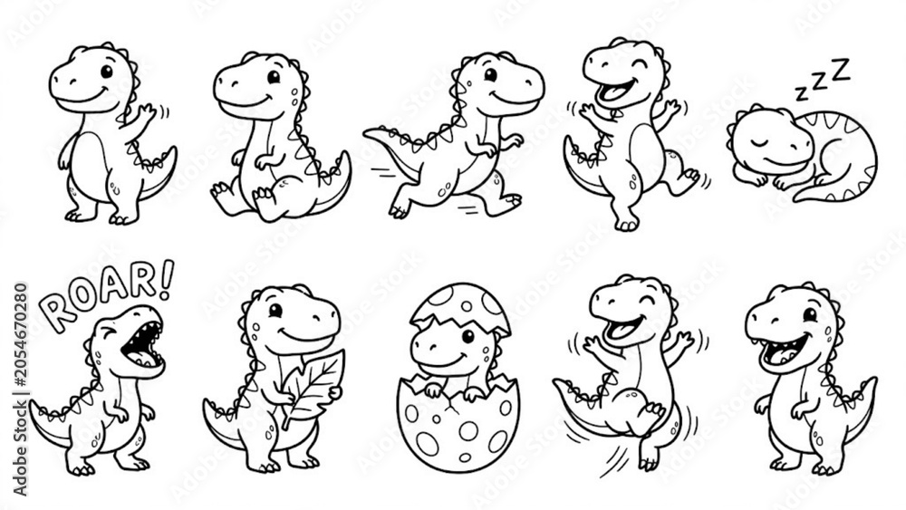 Obraz premium Cute Baby T-Rex Cartoon Vector Illustration Set with Playful Dinosaur Poses and Kawaii Expressions