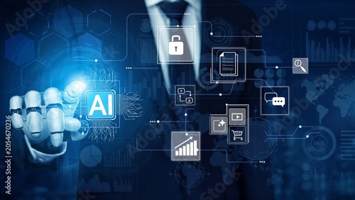 Fotografi Businessman Using Artificial Intelligence Technology in Modern Data Visualization and Digital Innovation Concepts for Business Strategy Development Gluon