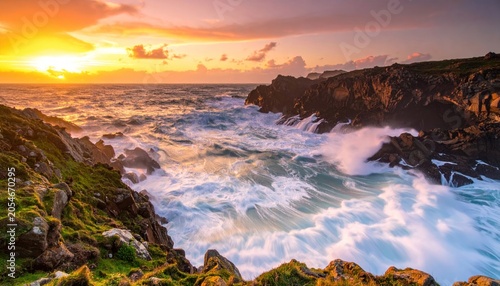 Ocean waves crashing on rocky coastline.