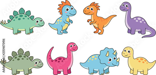 Fotografie Cute kawaii dinosaur vector character set featuring friendly cartoon t-rex trice