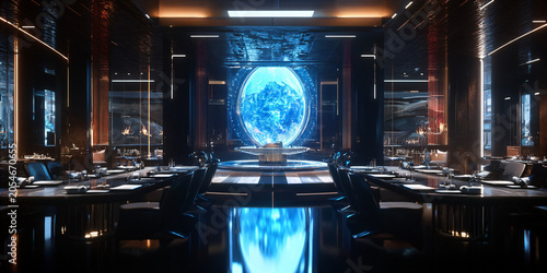 Dining Space with Holographic Centerpiece Changing per Occasion for Futuristic Interior Design and Smart Home Innovation