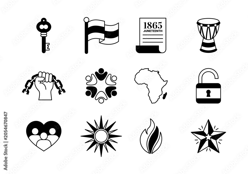 Fototapeta premium Black History Symbols Icon Set Emancipation 1865 for Juneteenth Freedom Celebration