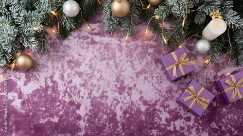 Elegant Christmas flat lay background with purple gift boxes and festive fir tree branches on textured light purple surface
