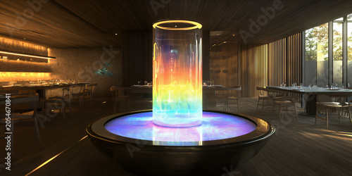 Dining Space with Holographic Centerpiece Changing per Occasion for Futuristic Interior Design and Smart Home Innovation