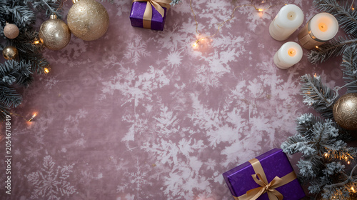Soft pink Christmas background with frosted snowflake texture white candles and golden ornaments