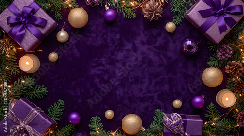 Luxury Christmas flat lay on deep purple velvet with matching purple gift boxes and golden festive decor