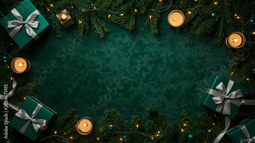 Emerald green Christmas background with dark green marble texture luxury gift boxes and white candles