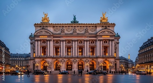 Grand illuminated opera house at dusk with golden statues and reflective plaza