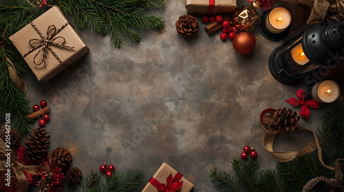 Moody Christmas background with craft paper gifts, dark lantern, glowing candles, pine branches, pine cones, and red berries on grey concrete floor.