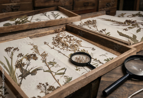 Fotografie Wooden trays containing pressed dried plant specimens with magnifying glasses fo