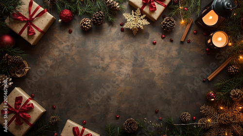 Rustic Christmas background with gift boxes, pine branches, pine cones, vintage lantern, burning candles, and cinnamon sticks on brown textured surface.