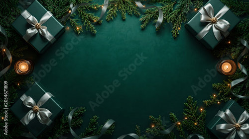 Elegant Christmas flat lay with green gift boxes, satin ribbons, pine branches, and burning candles on dark green textured background with copy space.
