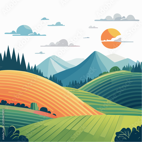 Stylized Landscape with Rolling Hills and Mountains