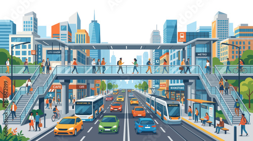 Fotografie People walking on pedestrian overpass above busy urban street traffic