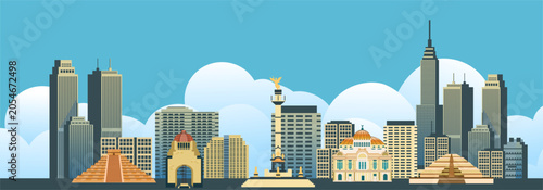 Schilderij op canvas Mexico City Skyline Vector Illustration with Famous Historic skyscrapers