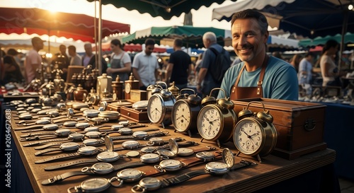 Outdoor market stall displays watches and alarm clocks at sunset